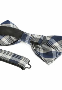 Granatowo-biały krawat w kratkę wykonany z tkaniny o gładkiej teksturze. Zawiera czarny regulowany pasek do przypięcia.