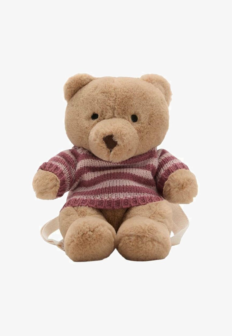 Ursuleț de pluș de culoare maronie deschisă, îmbrăcat într-un pulover tricotat cu dungi roz și alb, așezat cu fața către înainte, cu brațele și picioarele vizibile.