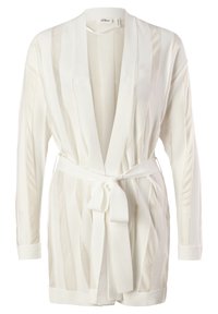 Biały kardigan w stylu kimona, wykonany z miękkiego materiału z teksturowanymi pionowymi paskami. Posiada pasek w talii oraz długie rękawy.