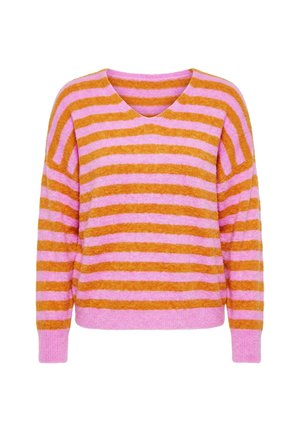 Trui met lange mouwen en V-hals met horizontale roze en oranje strepen, geribbelde manchetten en tailleband, afgebeeld tegen een witte achtergrond.