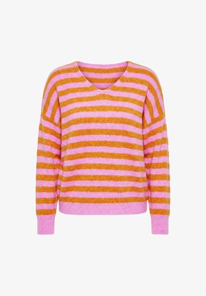 Trui met lange mouwen en V-hals met horizontale roze en oranje strepen, geribbelde manchetten en tailleband, afgebeeld tegen een witte achtergrond.