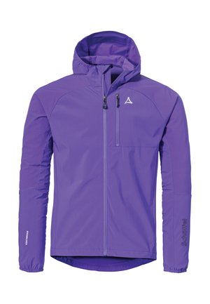 Lila, leichte outdoor Jacke mit Kapuze, elastischen Bündchen, vorderer Reißverschlusstasche und Logo auf der Brust und dem Ärmel. Wasserdichtes Material.