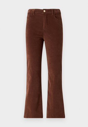 Pantaloni a zampa d'elefante in corduroy marrone con vita media, dotati di chiusura a bottone e due tasche anteriori. Texture liscia e colore uniforme.