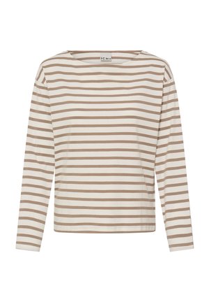 Raidallinen pitkähihaisen paita pyöreällä kaula-aukolla, valmistettu pehmeästä kankaasta, jossa on vuorottelevat beige- ja valkoiset vaakaraidat.