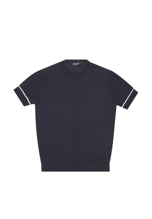 Maglietta a maniche corte in maglia blu navy con scollo rotondo, tessuto strutturato e accenti bianchi sui polsini. Taglio casual con orlo a costine.