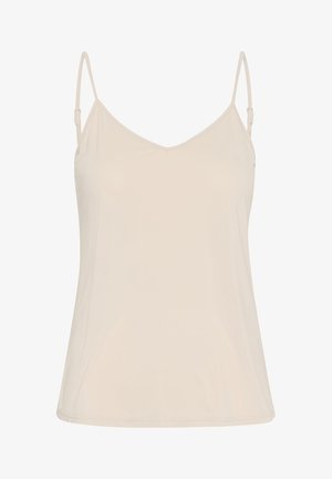 Beige camisole met dunne schouderbandjes, V-hals ontwerp, gladde textuur en een ontspannen pasvorm. Naadloos rondom de zoom.