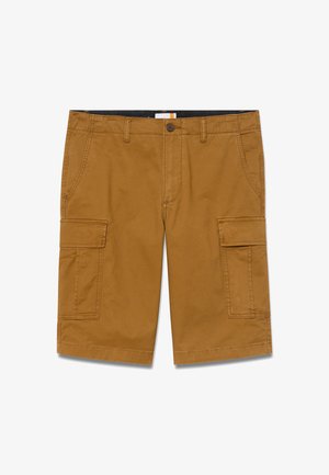 Hnědé cargo šortky s klopovými kapsami na bocích, předními kapsami na ruce, poutky na pásek a zapínáním na knoflíky na bílém pozadí.