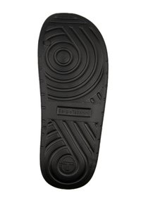 Suola di scarpa in gomma nera con motivi a spirale e zigzag. Presenta il logo impresso e la taglia "42". Texture liscia, design resistente.