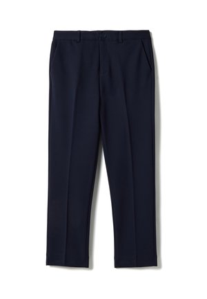 Pantaloni formali a gamba dritta blu navy con tasche laterali, passanti per cintura e chiusura con bottone in vita.