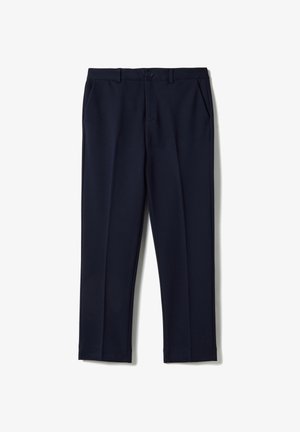 Pantaloni formali a gamba dritta blu navy con tasche laterali, passanti per cintura e chiusura con bottone in vita.