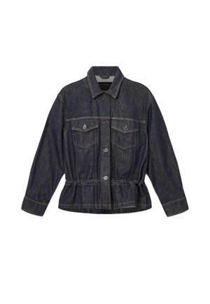 Giubbotto in denim scuro con colletto, due tasche sul petto e vita arricciata. Presenta chiusura frontale con bottoni e cuciture a contrasto.