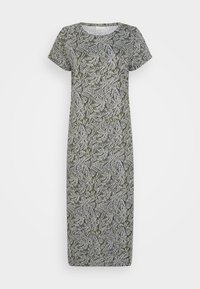 Vestido maxi de padrão floral com mangas curtas, apresentando um fundo verde e designs de folhas brancas. Feito de tecido leve e respirável.