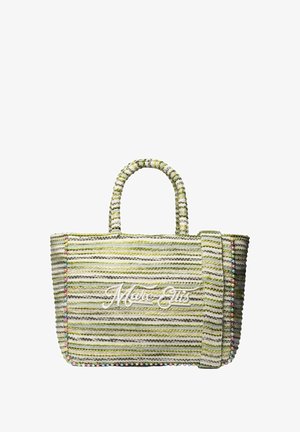 Sac fourre-tout tissé rayé en vert, blanc et gris avec de petits accents de perles multicolores et "Marc Ellis" brodé à l'avant avec des poignées doubles.