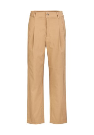 Beige broek met een recht model, voorzien van twee voorplooien, een enkele knoopsluiting en een dubbele stiknaad langs de naden.