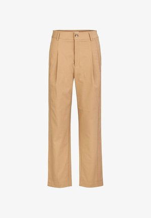Beige broek met een recht model, voorzien van twee voorplooien, een enkele knoopsluiting en een dubbele stiknaad langs de naden.