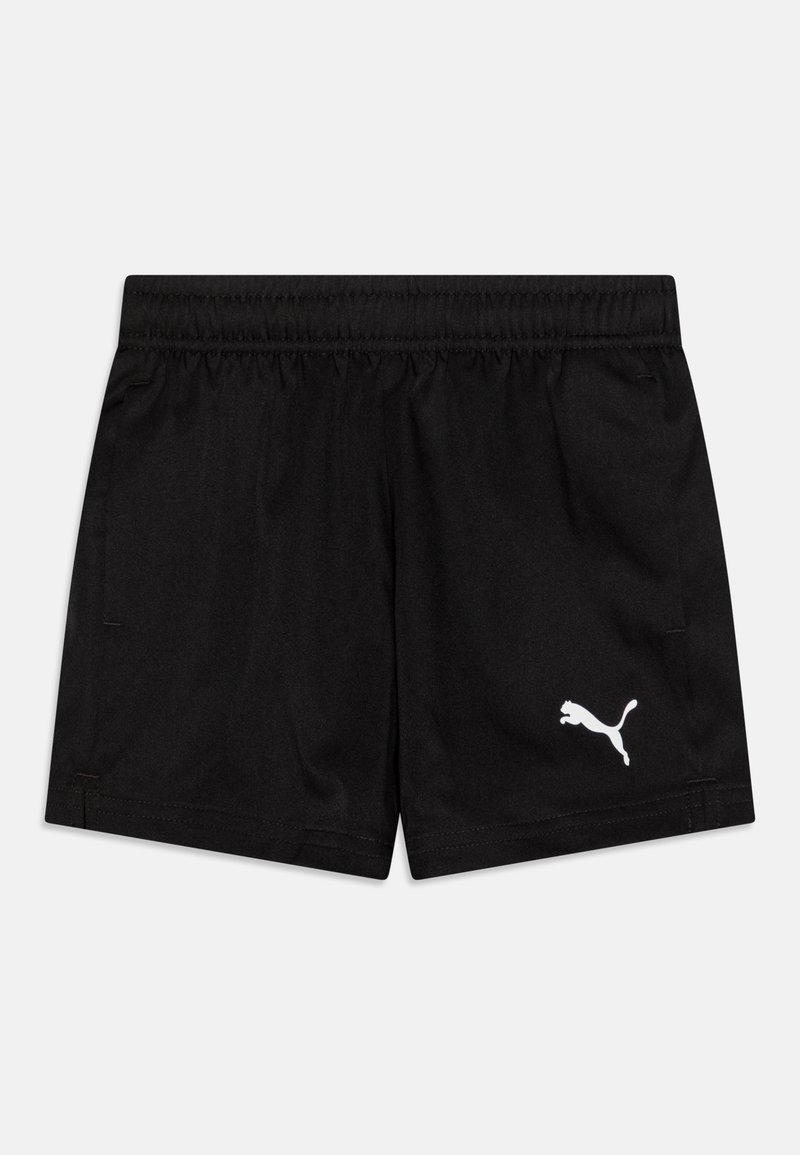 Črne športne kratke hlače iz gladkega materiala. Imajo elastični pas in majhen bel Puma logotip na levi nogi.