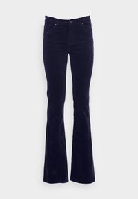 Marinblå kordflorsbyxor med hög midja, som har framfickor, knappstängning och ett texturerat tyg för visuell intress.