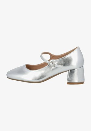 Zilverkleurige metallic Mary Jane schoen met een spitse neus, ronde band en blokhak. Gladde textuur, minimale details en een gevoerd interieur.
