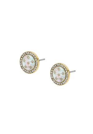 Boucles d'oreilles en or avec un centre rond irisé, entouré de pierres précieuses claires et étincelantes et de motifs décoratifs en forme d'étoile.