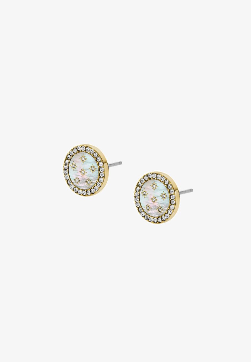 Boucles d'oreilles en or avec un centre rond irisé, entouré de pierres précieuses claires et étincelantes et de motifs décoratifs en forme d'étoile.