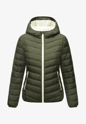 Olive green puffer jacket with a hood, featuring a white front zipper, chevron stitching, and side zip pockets. Smooth, quilted texture.