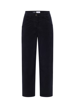 Pantalons en velours côtelé marine avec une coupe droite, fermeture à bouton et poches avant. Texture douce avec une finition lisse.