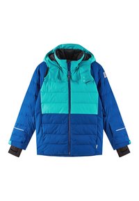 Blauer Pufferjacke mit teal-farbenen Akzenten, Kapuze, Reißverschluss und reflektierenden Details an den Ärmeln. Hat eine gesteppte Textur.
