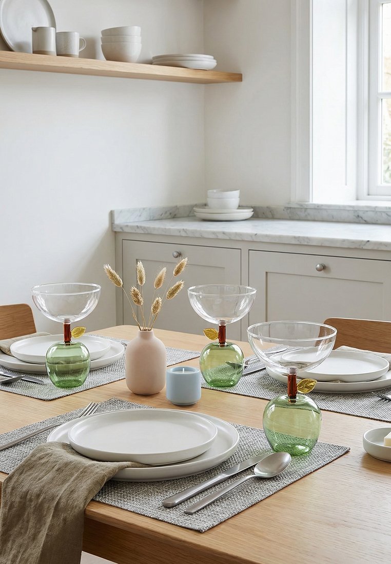 Zestaw stołu jadalnego z białymi talerzami, zielonymi szklankami w kształcie jabłek, srebrnymi sztućcami, szarymi podkładkami, beżowym wazonem z suszonymi kwiatami oraz niebieską świecą.