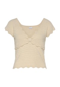 Helles beiges, cropped Top mit strukturiertem Strickmuster, gewellten Kanten, kurzen Ärmeln und einer zentralen Schleifenapplikation an der Vorderseite.