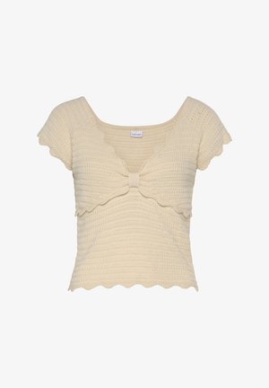 Lichtbeige crop top, met een textuurpatroon in breiwerk, golvende randen, korte mouwen en een centrale strikdetail aan de voorkant.