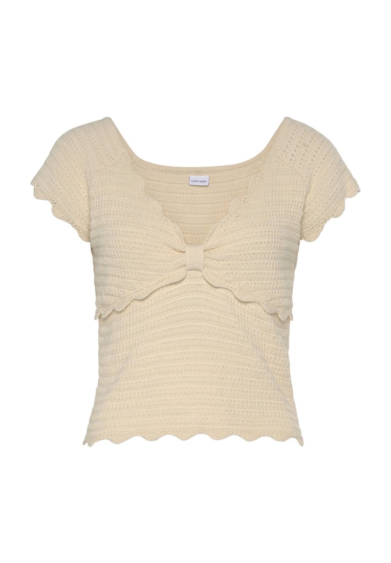 Helles beiges, cropped Top mit strukturiertem Strickmuster, gewellten Kanten, kurzen Ärmeln und einer zentralen Schleifenapplikation an der Vorderseite.