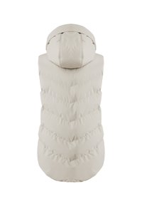 Gilet en duvet beige avec capuche, présentant un design matelassé, un motif en chevrons et une texture douce. Aucun matériel ou accent visible.