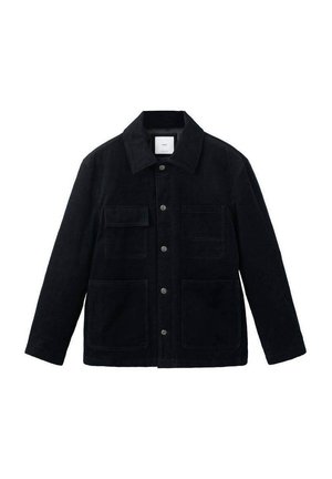 Veste en velours côtelé noir avec un col, dotée de deux poches poitrine et de deux poches avant, fermeture par boutons et coupe décontractée.