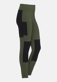 Hochtaillierte Leggings in olivgrün mit schwarzen Akzenten. Verfügt über Seitentaschen, eine glatte Textur und ein tailliertes Design für Komfort.