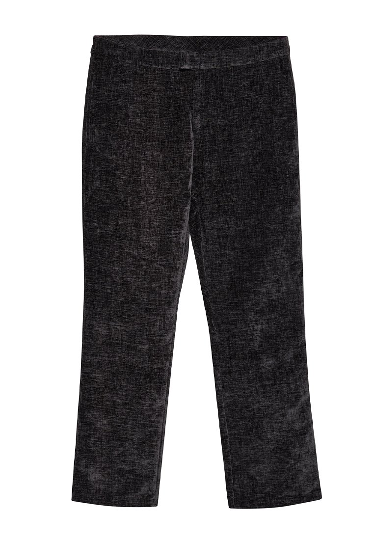 Pantalon noir texturé avec une coupe droite. Taille élastique et variations subtiles dans la texture du tissu.