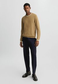 Brauner Strickpullover mit einem weiß- und grün-gestreiften Rundhalsausschnitt, kombiniert mit dunklen marineblauen Hosen und schwarzen Slippern, vor einem schlichten Hintergrund stehend.