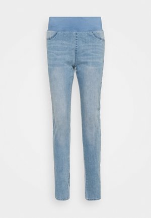 Lyseblå slim-fit jeans med elastisk ribstrikket talje, forlommer og diskrete falmede detaljer.