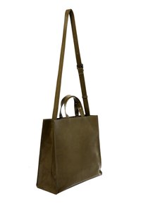 Sac fourre-tout en cuir vert olive avec une forme structurée, deux poignées supérieures et une bandoulière réglable. Texture lisse et design minimaliste.
