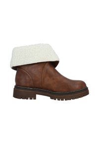 Bruna stövlar i faux läder med en vit fuskpälskant, robust sula och kontrasterande sömmar. Texturerad yta med rundad tå.