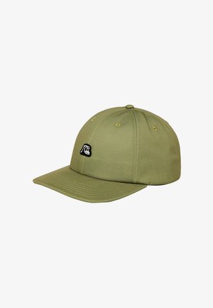 Olive green cap made of durable fabric, featuring a curved brim, embroidered logo on the front, and ventilation holes on the top.