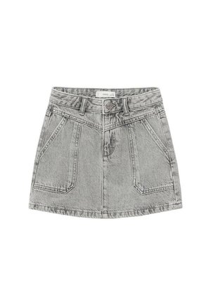 Denimrock in Hellgrau, mit taillierter Taille, zwei Vorderstaschen und einem leicht ausgestellten Saum mit sichtbaren Nahtdetails.