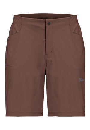 Lichte, bruine shorts met een gladde textuur, voorzien van een gevoerde knoopsluiting aan de voorkant, twee zijzakken, en een logodetail op het onderbeen.