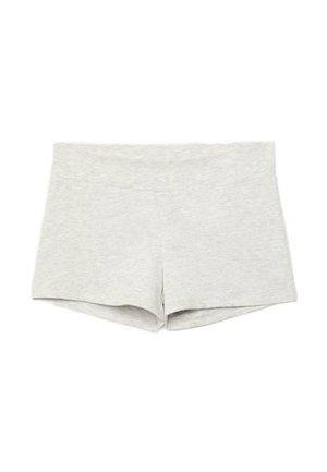 Shorts gris clair taille haute ajustés avec une texture lisse, sans motifs ni logos visibles.