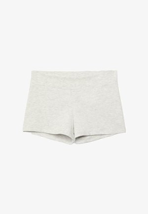 Shorts gris clair taille haute ajustés avec une texture lisse, sans motifs ni logos visibles.