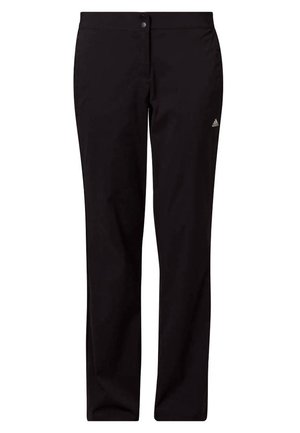 Czarne sportowe spodnie o prostych nogawkach z zapięciem na guzik i suwak, z małym białym logo Adidas na prawej udzie.