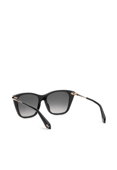 Lunettes de soleil œil-de-chat noires avec des verres teintés en dégradé et des accents dorés sur les branches, vues de dos.