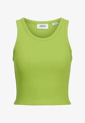 Top de malha com nervuras em verde brilhante. Apresenta um decote redondo, design sem mangas e forma ajustada. A etiqueta diz "JJXX" com a etiqueta de tamanho.