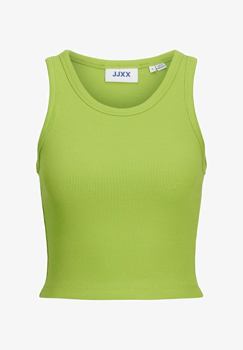 Ribbed tank top in bright green. Features a crew neckline, sleeveless design, and fitted shape. Label reads "JJXX" with size tag.
