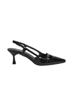 Black patent leather slingback shoe with pointed toe, low stiletto heel, cutout design, and decorative silver hardware.