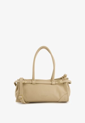 Beige Lederhandtasche mit zwei Griffen, verstellbarem Schultergurt und goldfarbener Hardware. Verfügt über eine strukturierte Oberfläche und ein dezentes Markenlogo.
